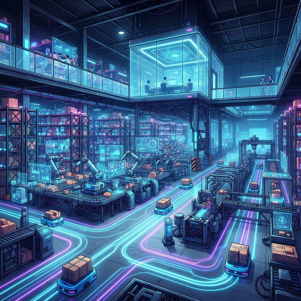 KI-gesteuertes, automatisiertes Lager, das durch prädiktive Analysen optimierte Warenströme und Supply Chain-Logistik aufzeigt.