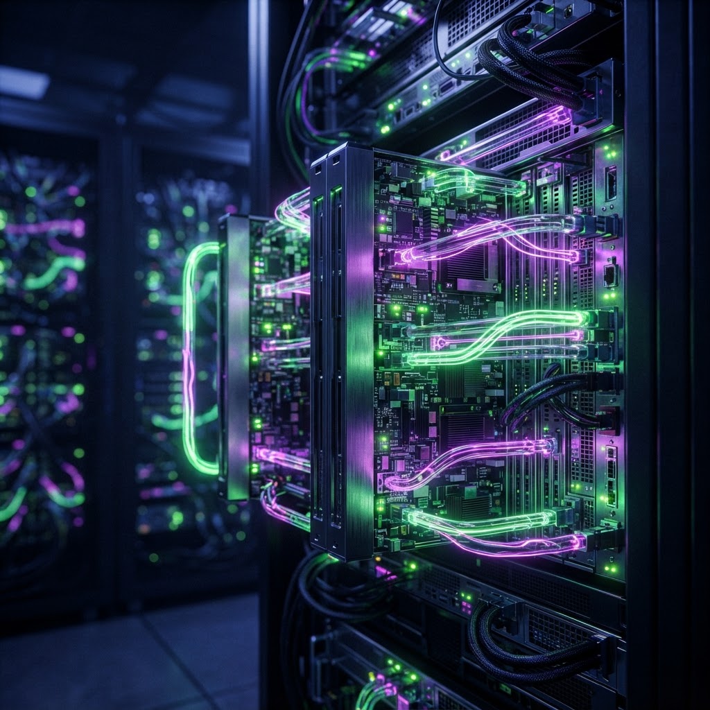 Beleuchtete Server-Racks in einem Rechenzentrum, die das Self-Hosting von KI-Modellen symbolisieren.