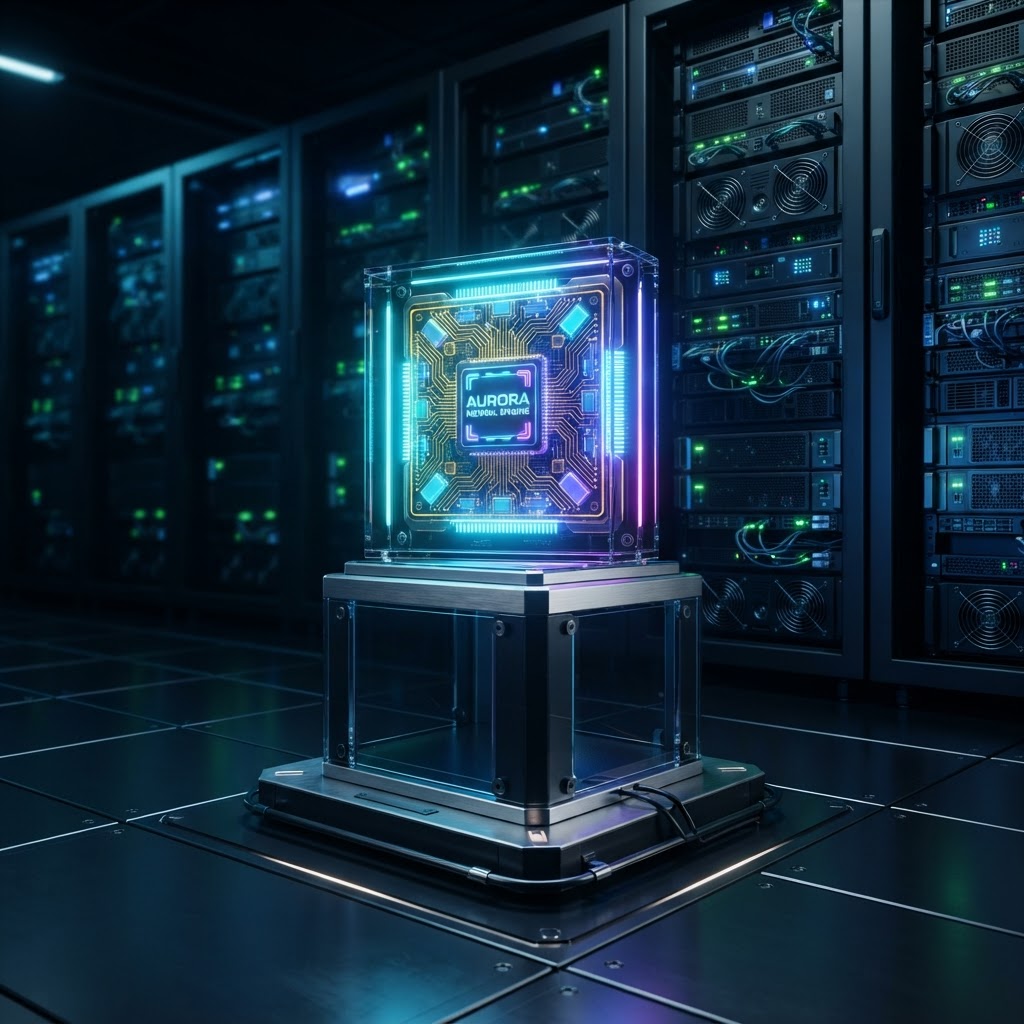 Hochmoderner lokaler Serverraum mit KI-Prozessor als Symbol für On-Premises-Hosting