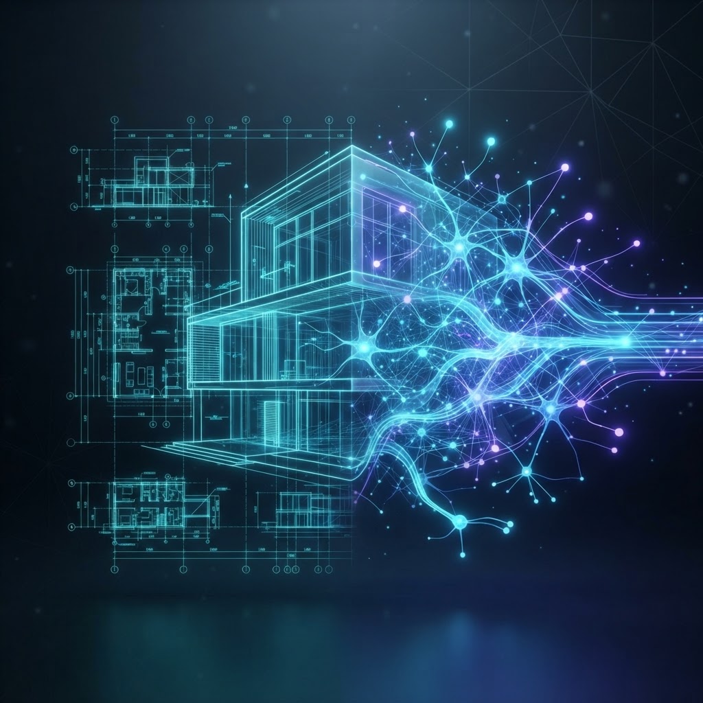 Bauplan, der in ein neuronales Netz übergeht, als Symbol für domänenspezifische KI im Bauwesen.