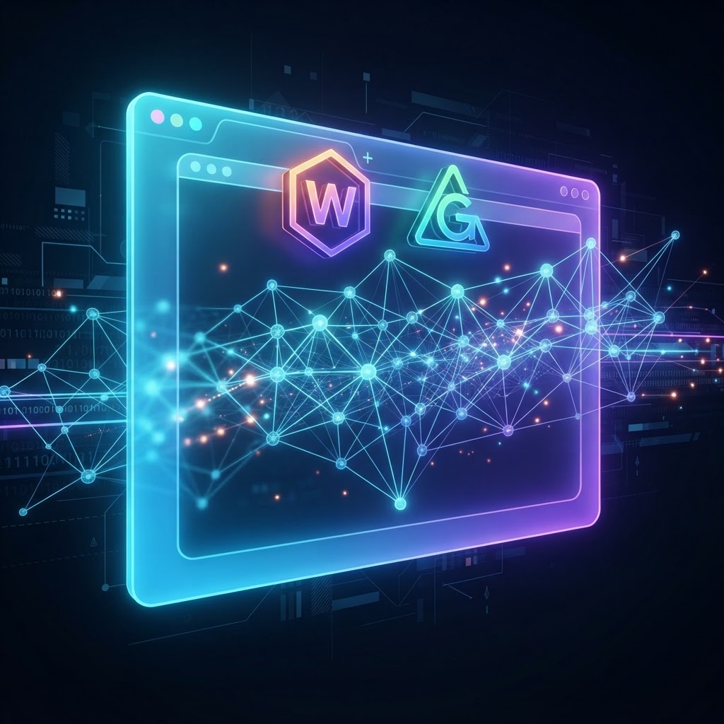 Futuristische 3D-Visualisierung eines neuronalen Netzwerks, das direkt im Webbrowser durch WebAssembly ausgeführt wird.