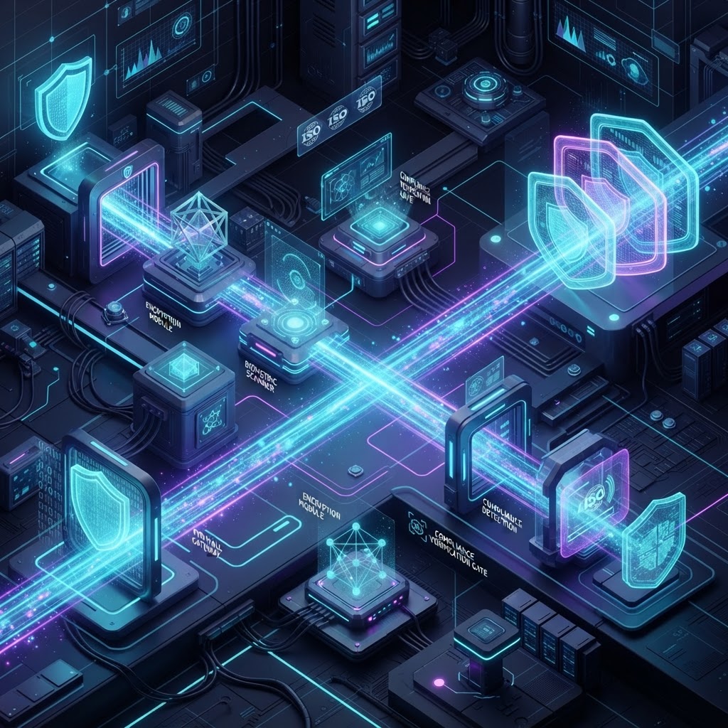 Isometrisches Diagramm einer compliance-geprüften KI-Daten-Pipeline mit Sicherheits-Checkpoints.
