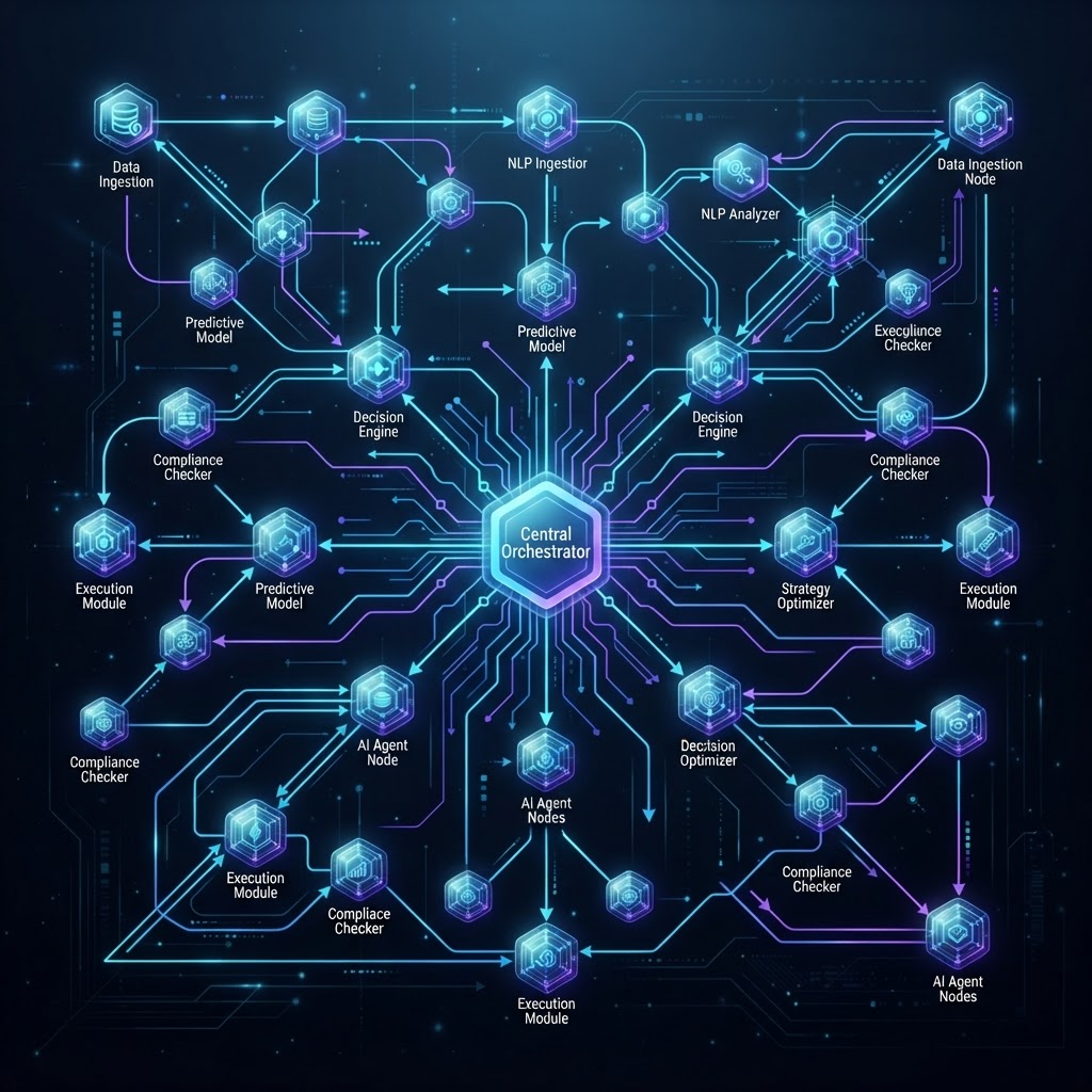 Technisches Diagramm einer Multi-Agenten-Systemarchitektur mit gerichtetem azyklischen Graphen.