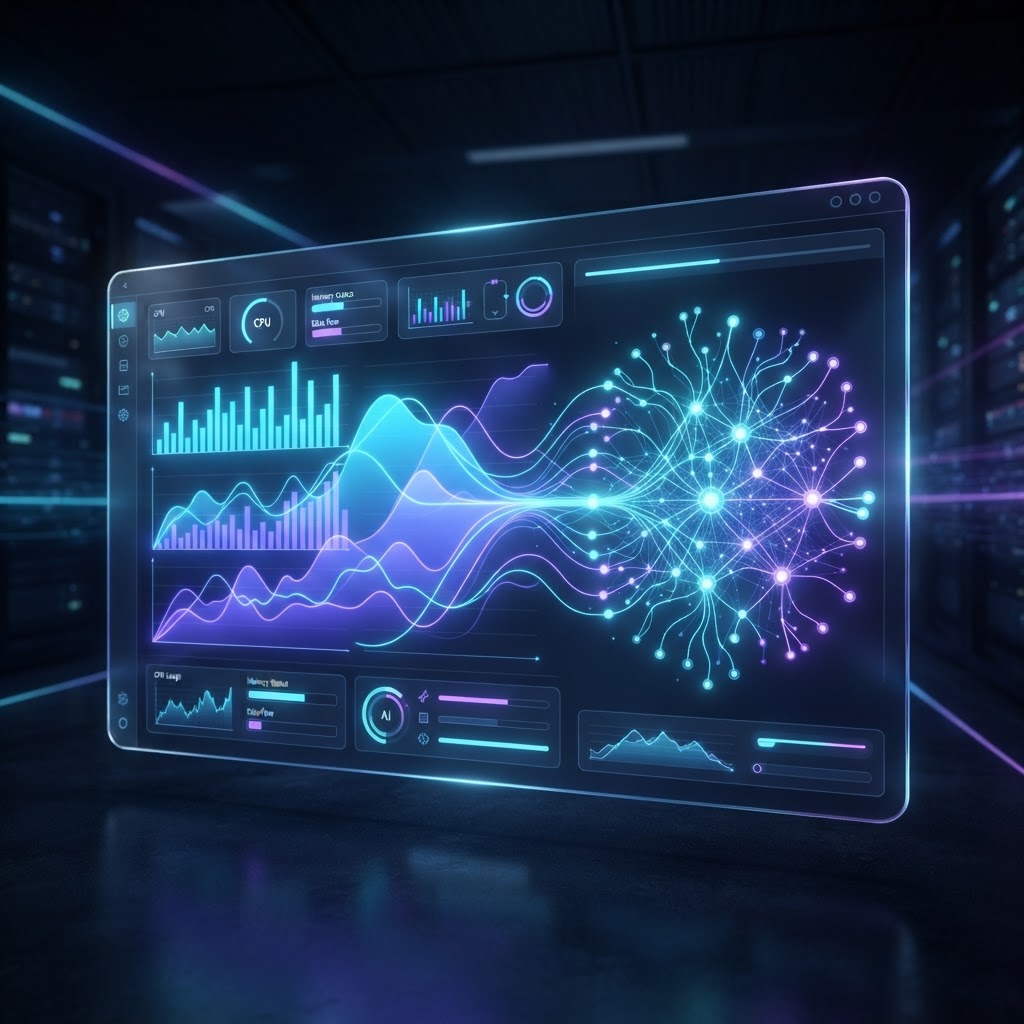 Ein futuristisches Analytics-Dashboard, das die Erfolgsmessung von AI-Suche und Generative Engine Optimization zeigt.