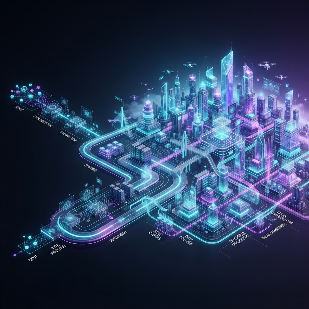 Futuristisches 3D-Diagramm einer Enterprise-KI-Architektur, das hybride Daten-Pipelines visualisiert.