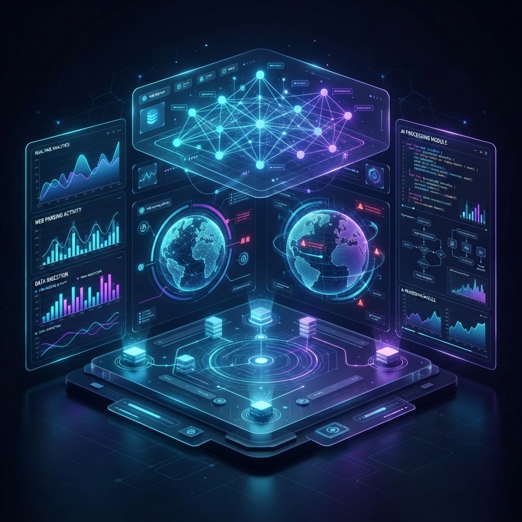 Visualisierung eines KI-Dashboards, das Echtzeit-Webdaten über RAG-Pipelines verarbeitet.