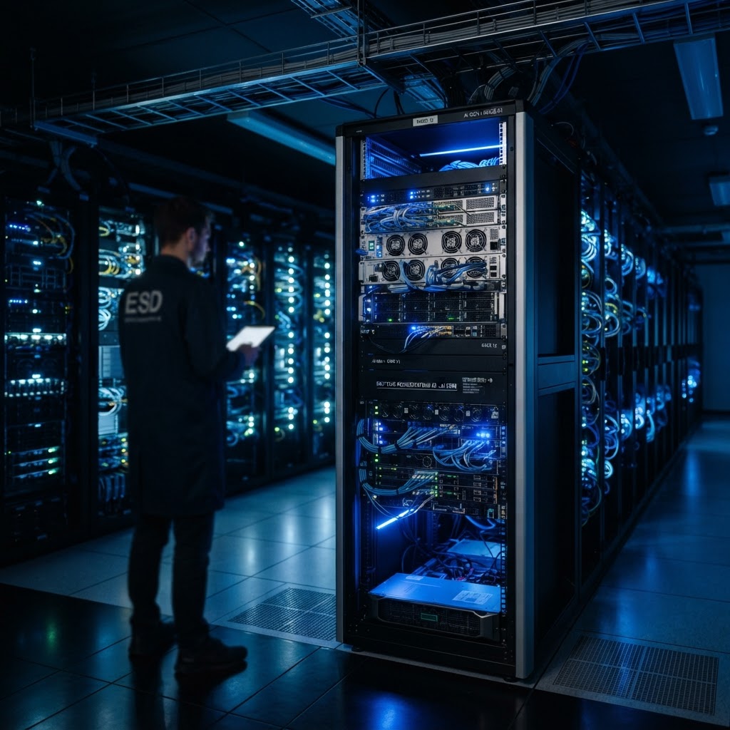 Hochmodernes Rechenzentrum mit sicheren Server-Racks für lokales KI-Hosting in Deutschland