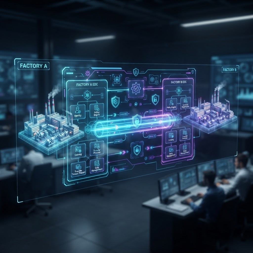 Holografische Architektur-Darstellung eines Eclipse Dataspace Connectors zwischen vernetzten Industrieanlagen