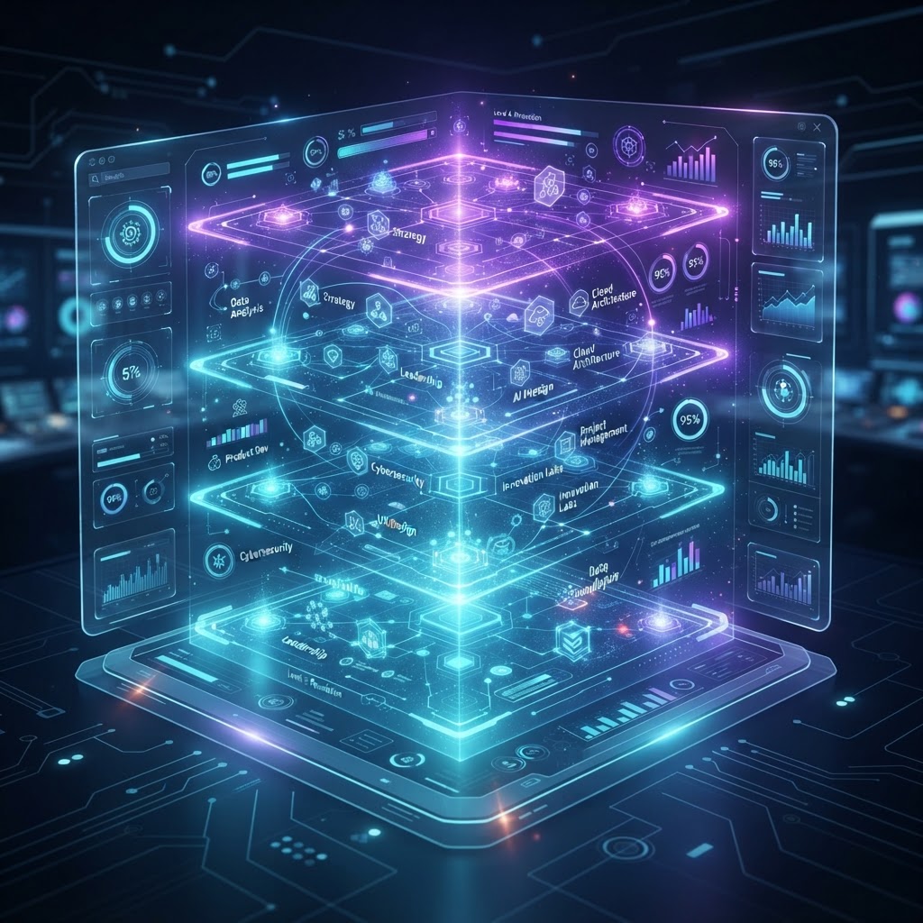 Digitales Dashboard mit den vier Stufen einer KI-Kompetenz-Matrix im Dark Mode
