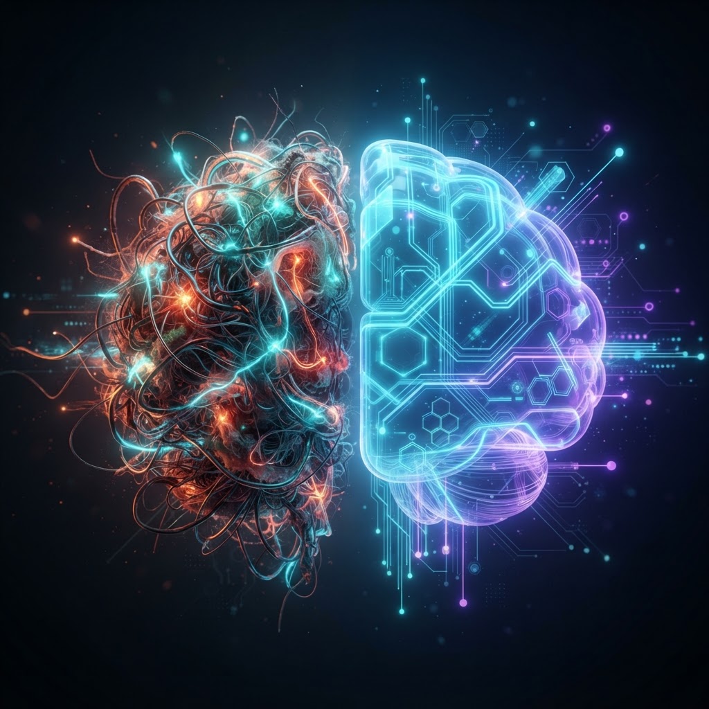 Gegenüberstellung eines biologischen neuronalen Netzwerks und perfekten digitalen Lichtfasern als Symbol für synthetische Daten