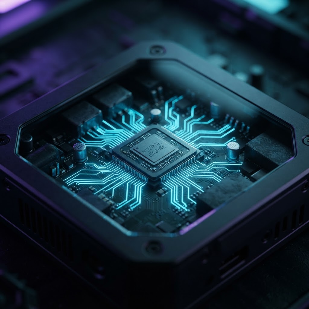Nahaufnahme eines leistungsstarken Edge-KI-Chips für lokale Small Language Models.