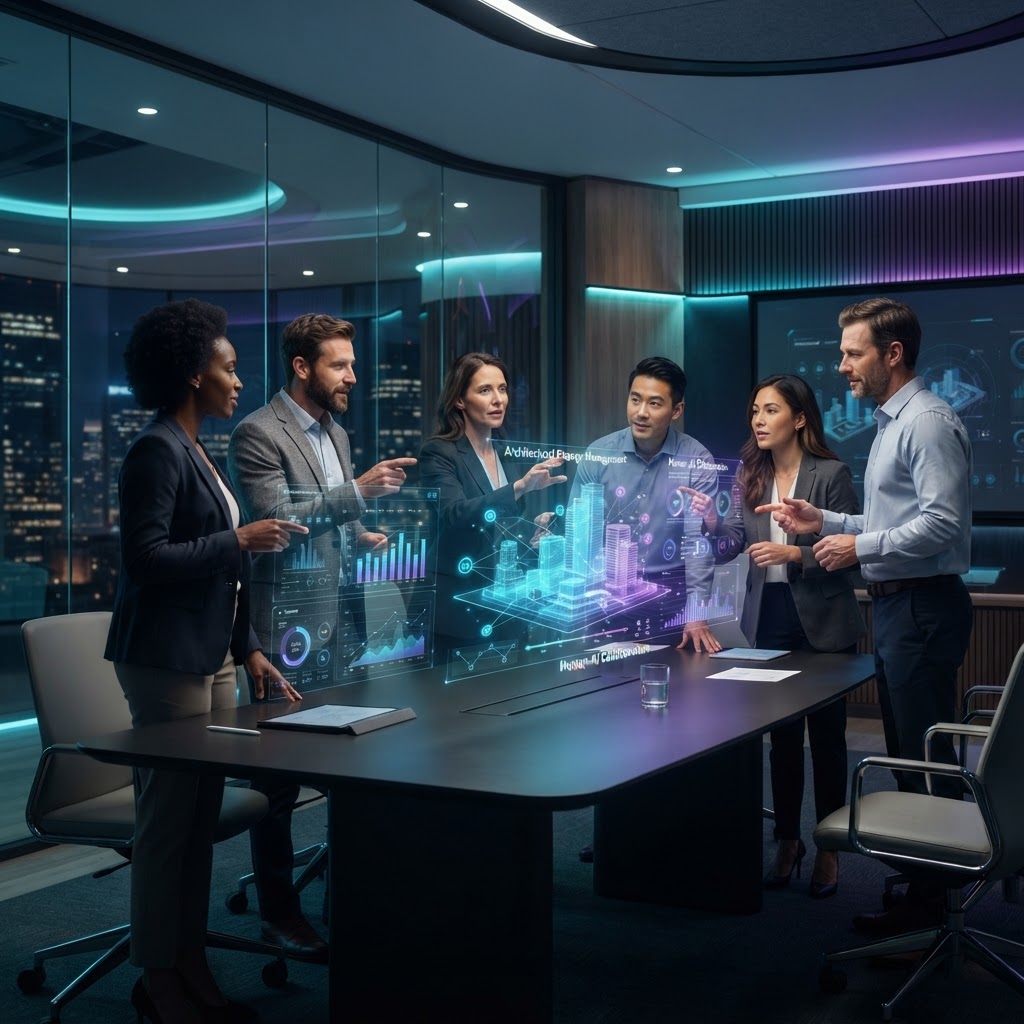 Mitarbeiter arbeiten kollaborativ an holografischen KI-Dashboards