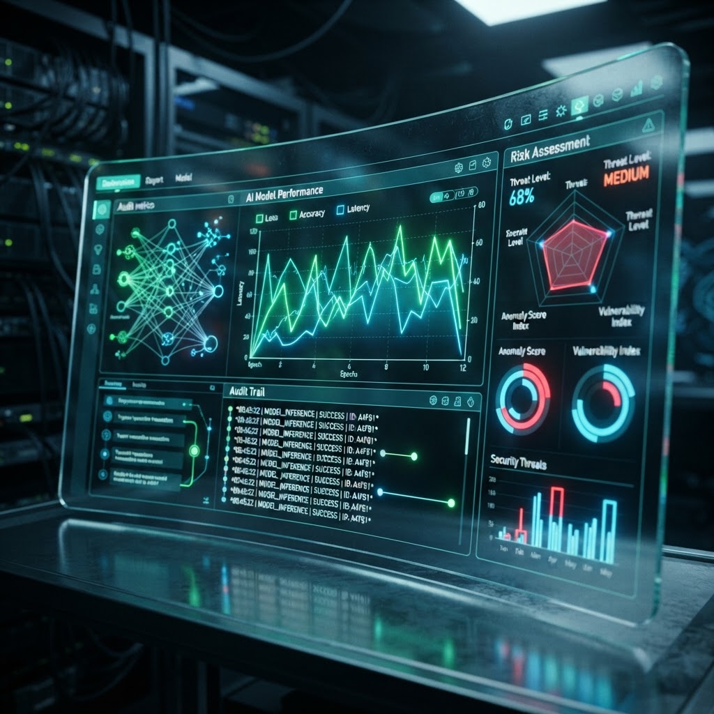 Futuristisches Dashboard zur Überwachung von KI-Modell-Metriken, Audit-Trails und Risikobewertungen.