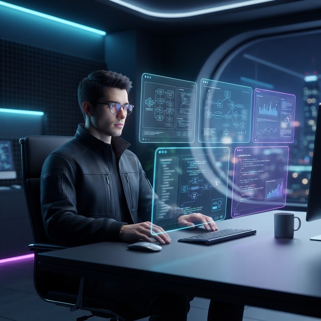 Ein Software-Architekt überprüft KI-generierte Code-Pläne an einem modernen Arbeitsplatz.