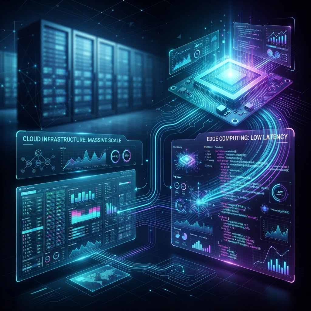 Vergleich von massiven Server-Racks mit einem leistungsstarken Edge-KI-Chip für lokale Code-Generierung