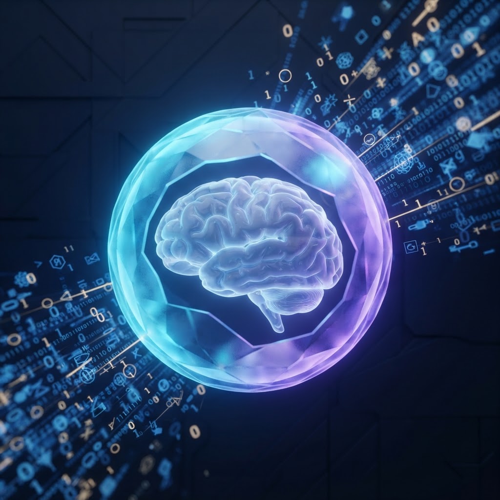 Ein schützendes holografisches Schild um ein menschliches Gehirn wehrt eine Flut an digitalen KI-Daten ab, als Symbol für mentale Resilienz.