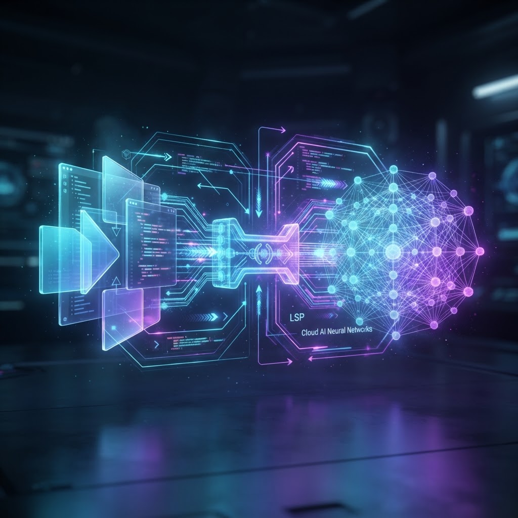 Holografische Visualisierung der Architektur eines KI-basierten Echtzeit-Code-Review-Systems über das Language Server Protocol.