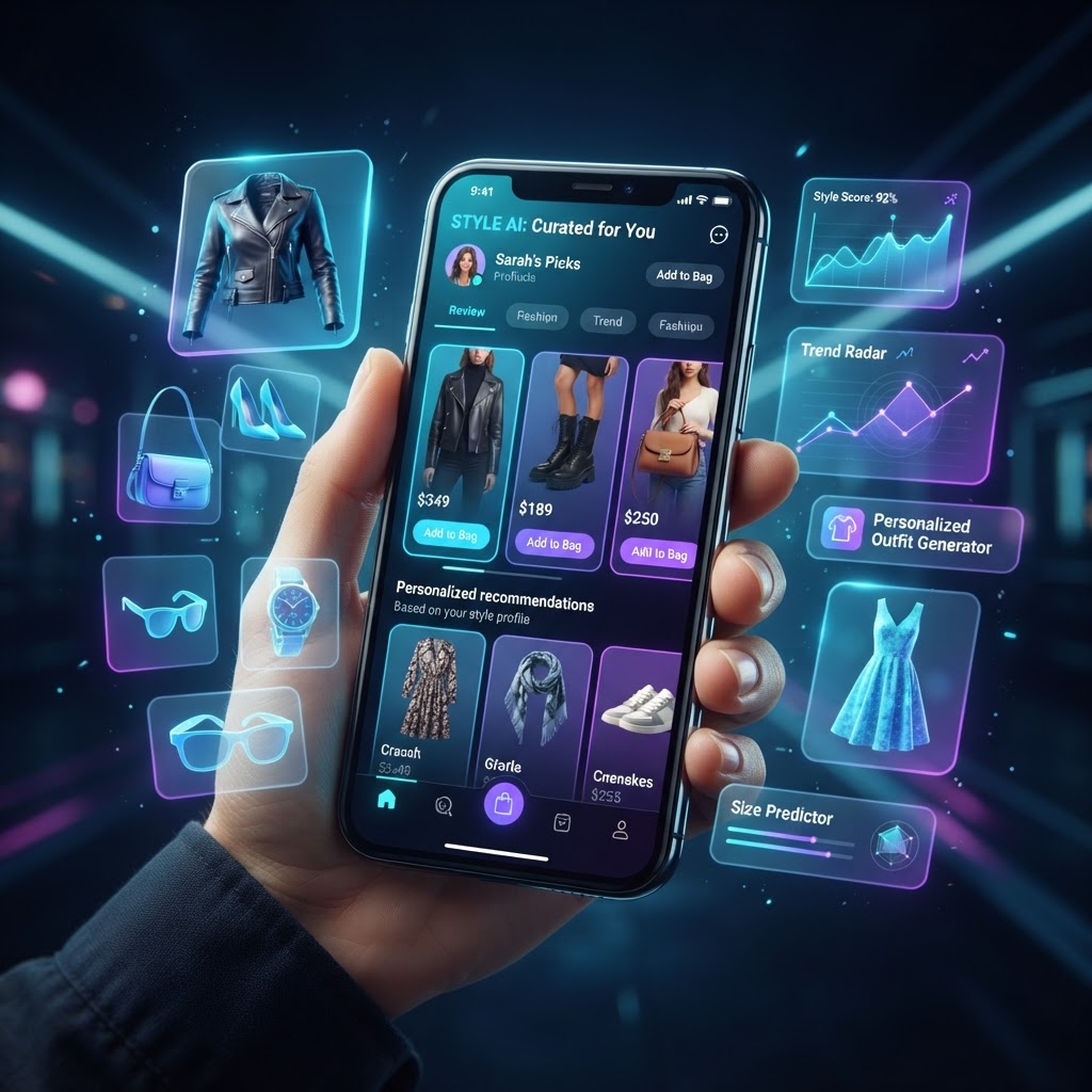Smartphone mit personalisiertem KI-Shopping-Interface und schwebenden 3D-Analyse-Icons