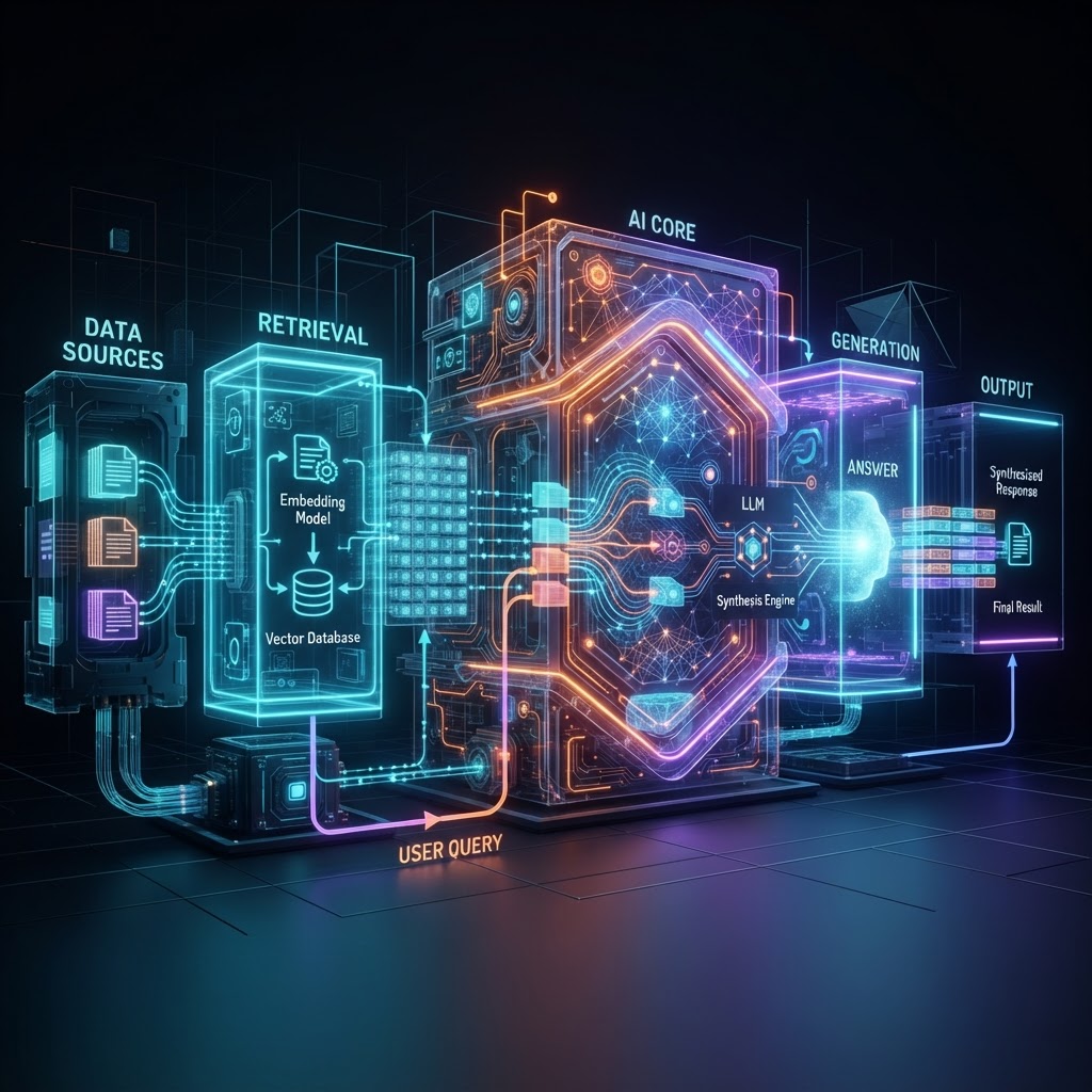 Architektur-Diagramm einer Retrieval-Augmented Generation Pipeline, die Dokumente in KI-Antworten umwandelt.