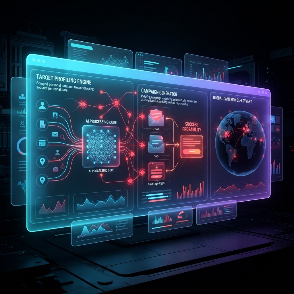 Visualisierung eines bösartigen KI-Dashboards, das automatisierte, zielgerichtete Phishing-Kampagnen generiert.