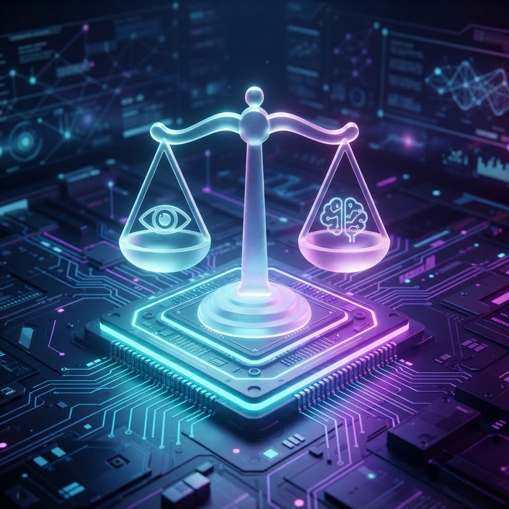 Digitale Waagschalen auf einem Mikrochip als Symbol für Ethik, Compliance und KI-Governance.