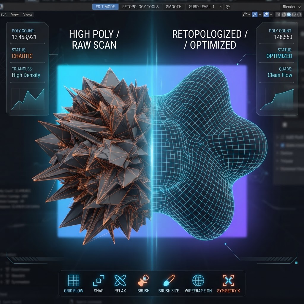 Vergleich zwischen einer unsauberen KI-generierten Polygon-Suppe und einem sauber retopologisierten 3D-Mesh für Game-Engines.