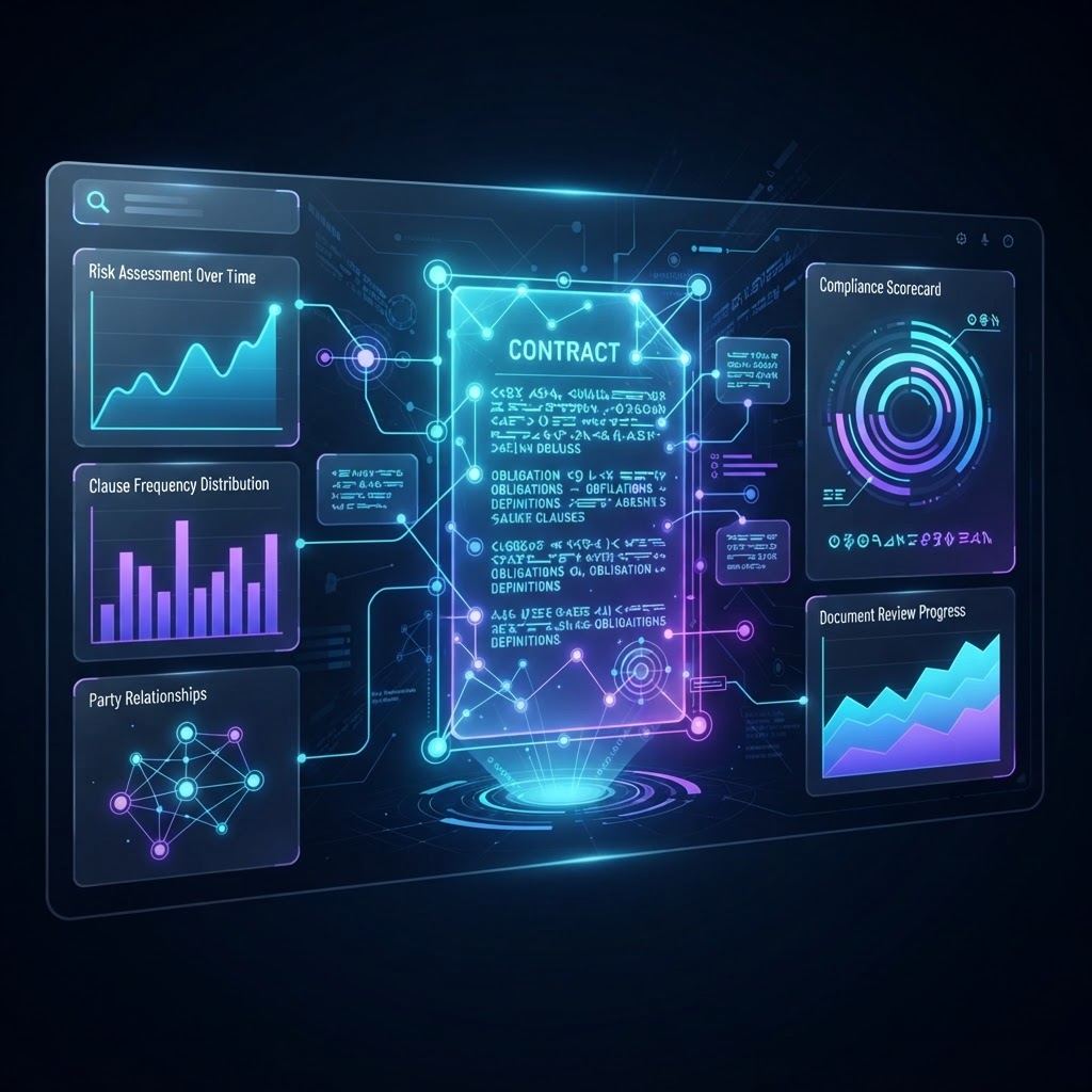 Futuristisches Dashboard zur KI-gestützten Analyse komplexer Vertragswerke