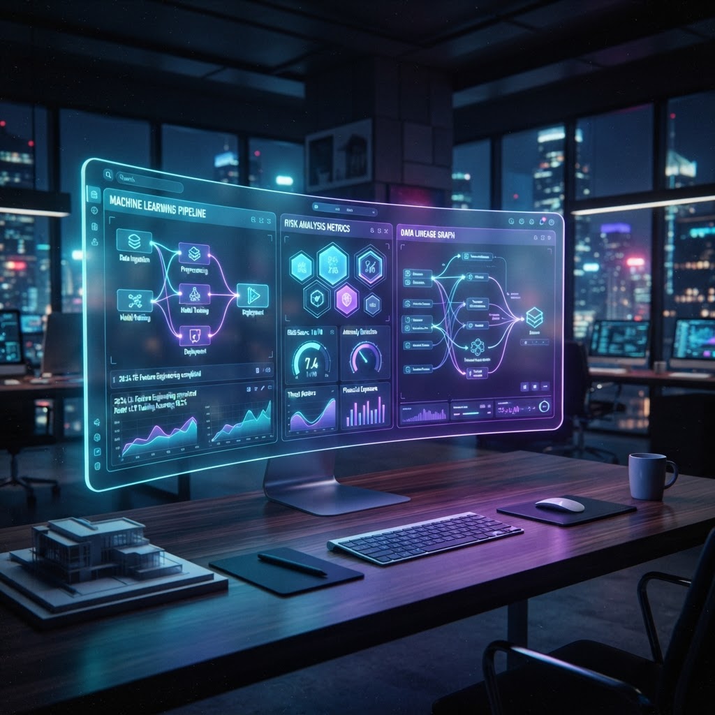 Technisches Dashboard zur Überwachung von MLOps-Pipelines und AI Act Risikometriken.
