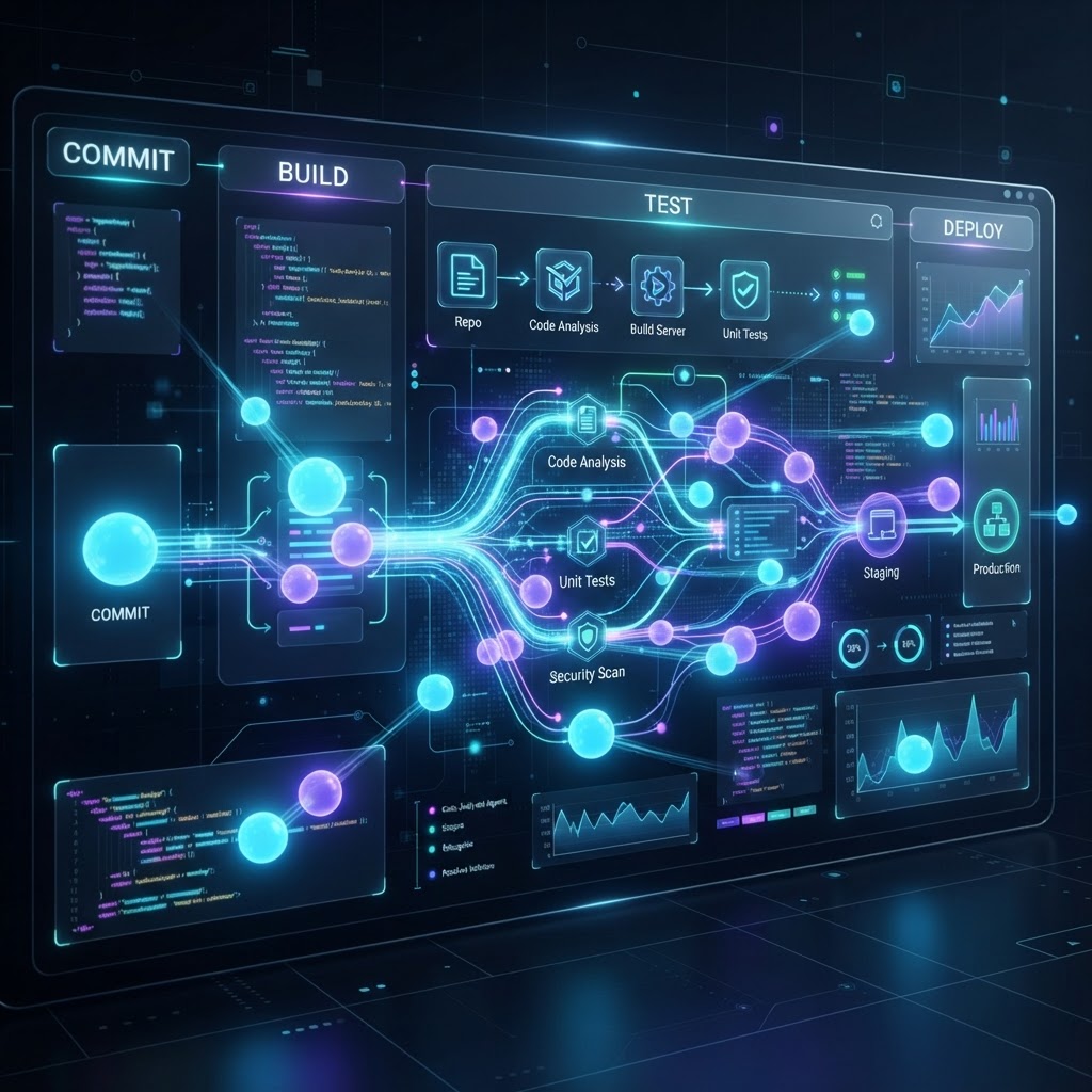Digitales Dashboard einer futuristischen CI/CD-Pipeline, in der KI-Agenten Code-Abhängigkeiten analysieren.