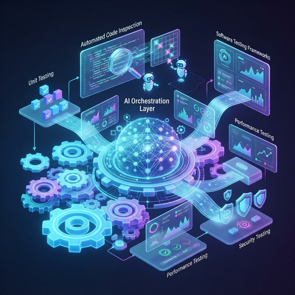 Holographische Darstellung einer KI-Orchestrierungsschicht für automatisierte Tests in einer DevOps-Pipeline