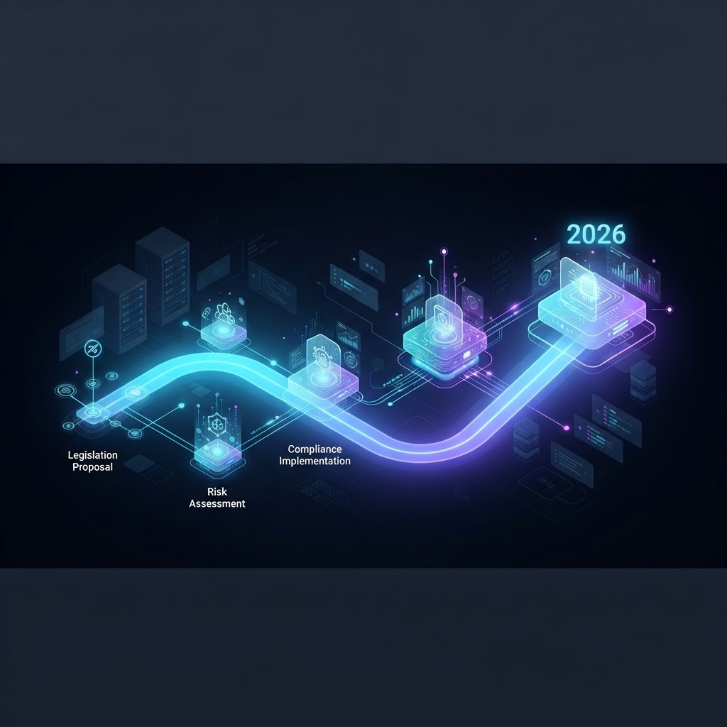 Holografische Zeitachse mit Meilensteinen zur EU AI Act Compliance für das Jahr 2026.