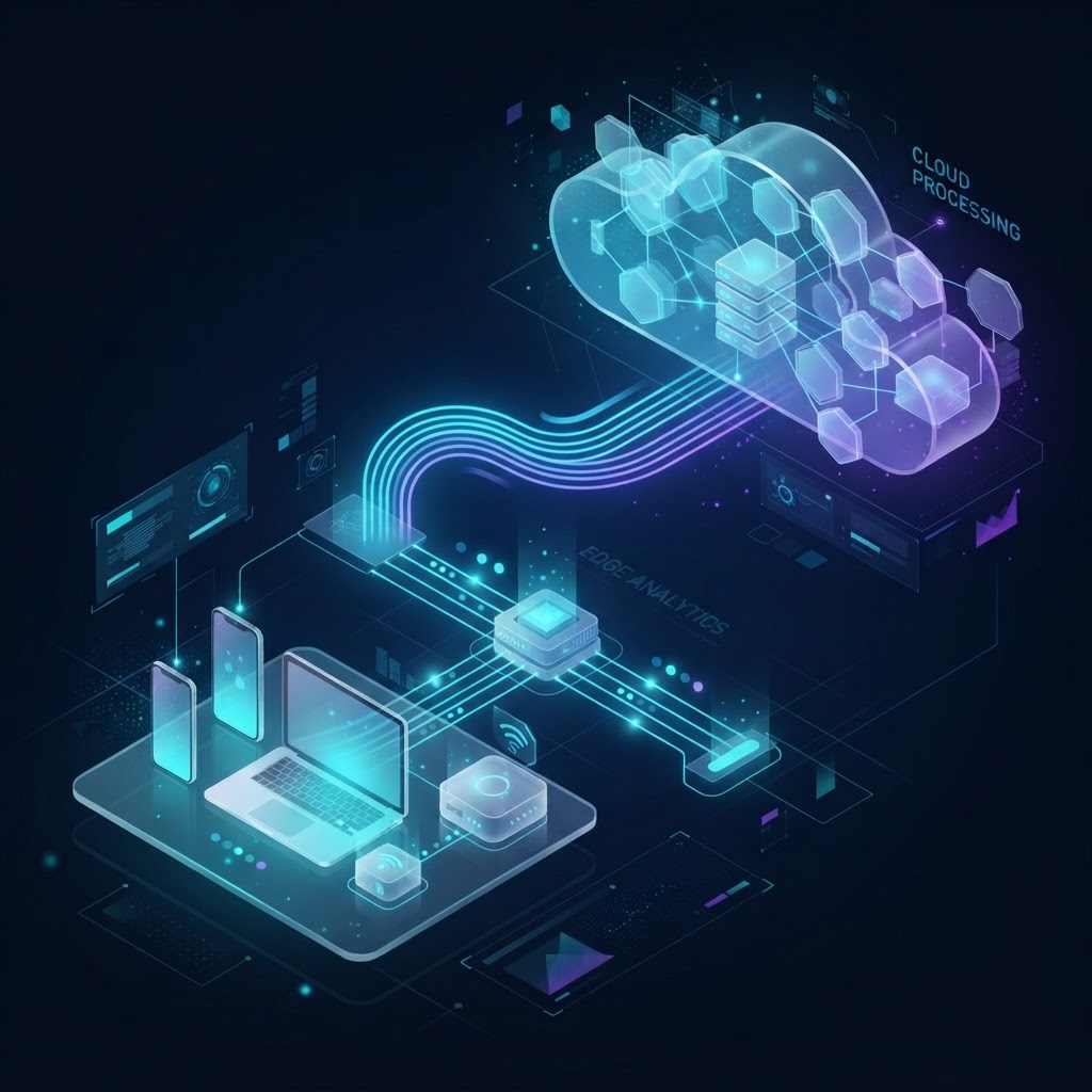 Abstrakte Visualisierung von schnellem lokalem Edge Computing im Vergleich zur klassischen, latenzbehafteten Cloud-Verarbeitung