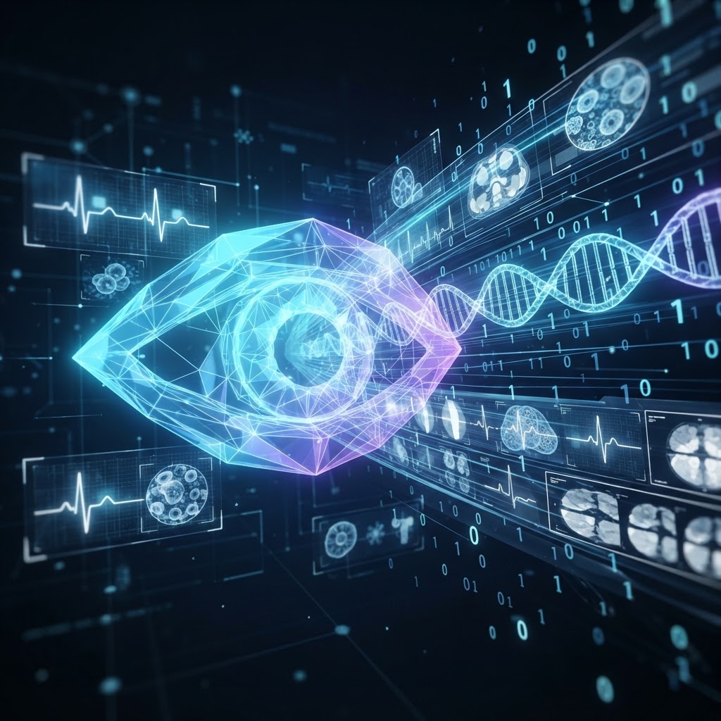 Abstraktes digitales Auge, das medizinische Daten und DNA-Stränge verarbeitet.