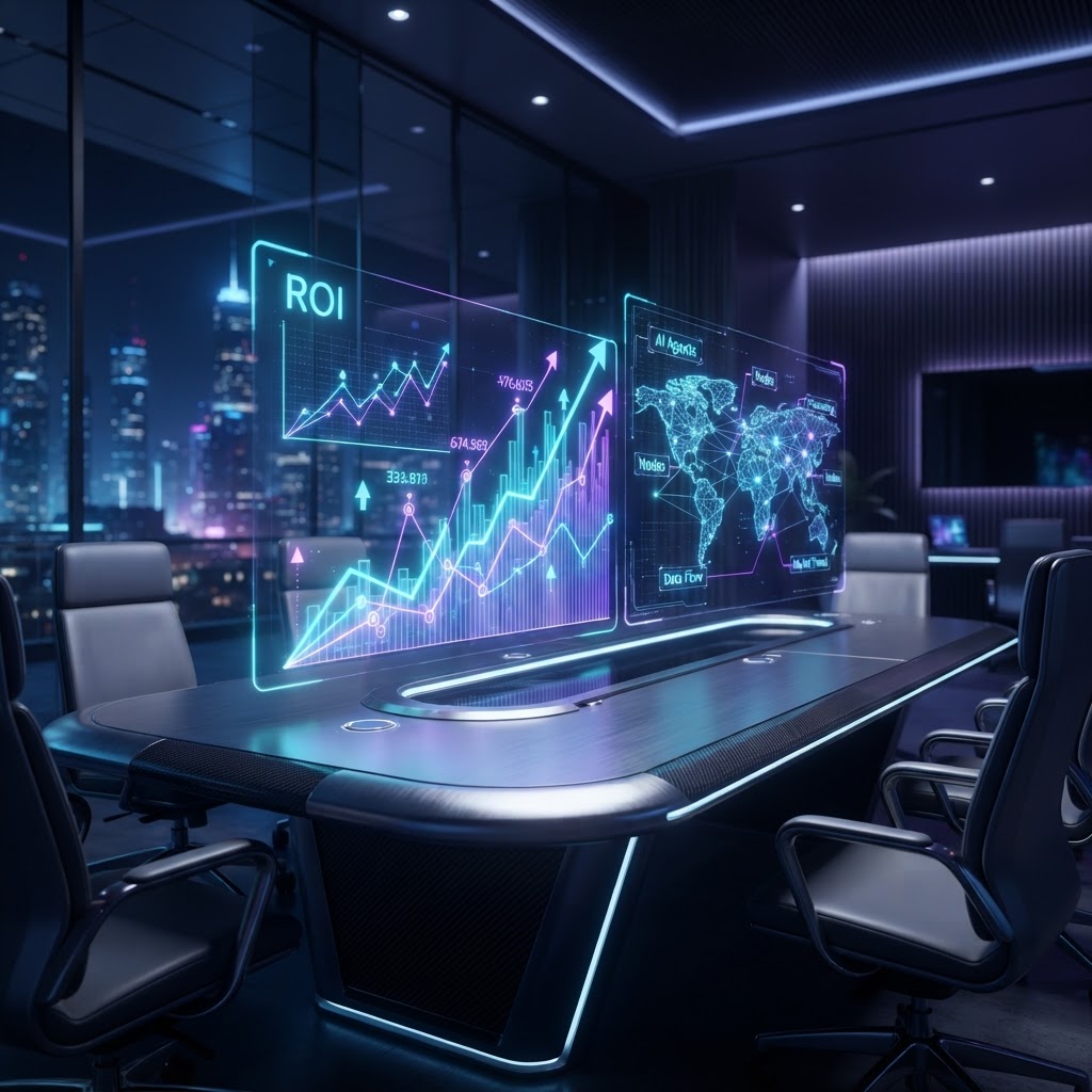 Holografische Finanzdiagramme zu KI-Investitionen und ROI-Entwicklung in einem modernen Konferenzraum