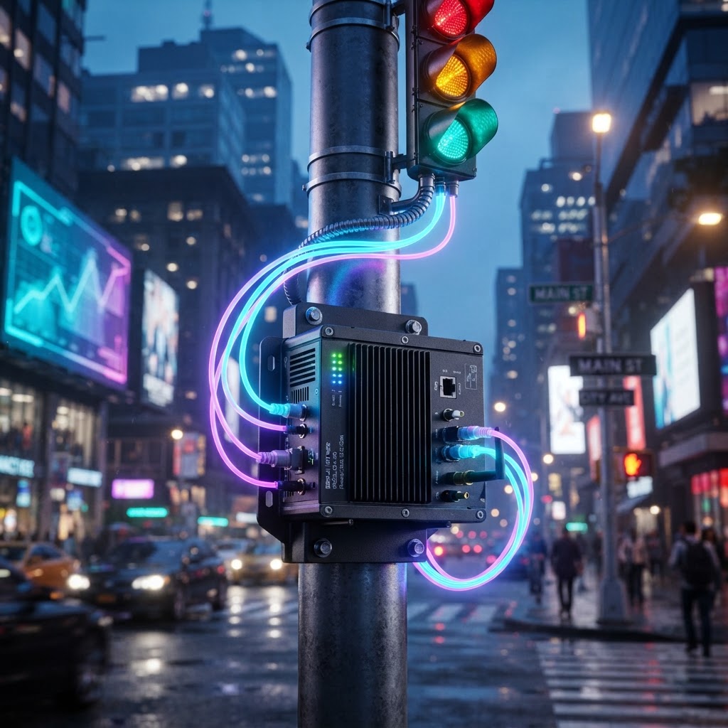 Ein Edge-Computing-Device für KI-Inferenz, installiert an einer Ampelanlage im urbanen Raum.
