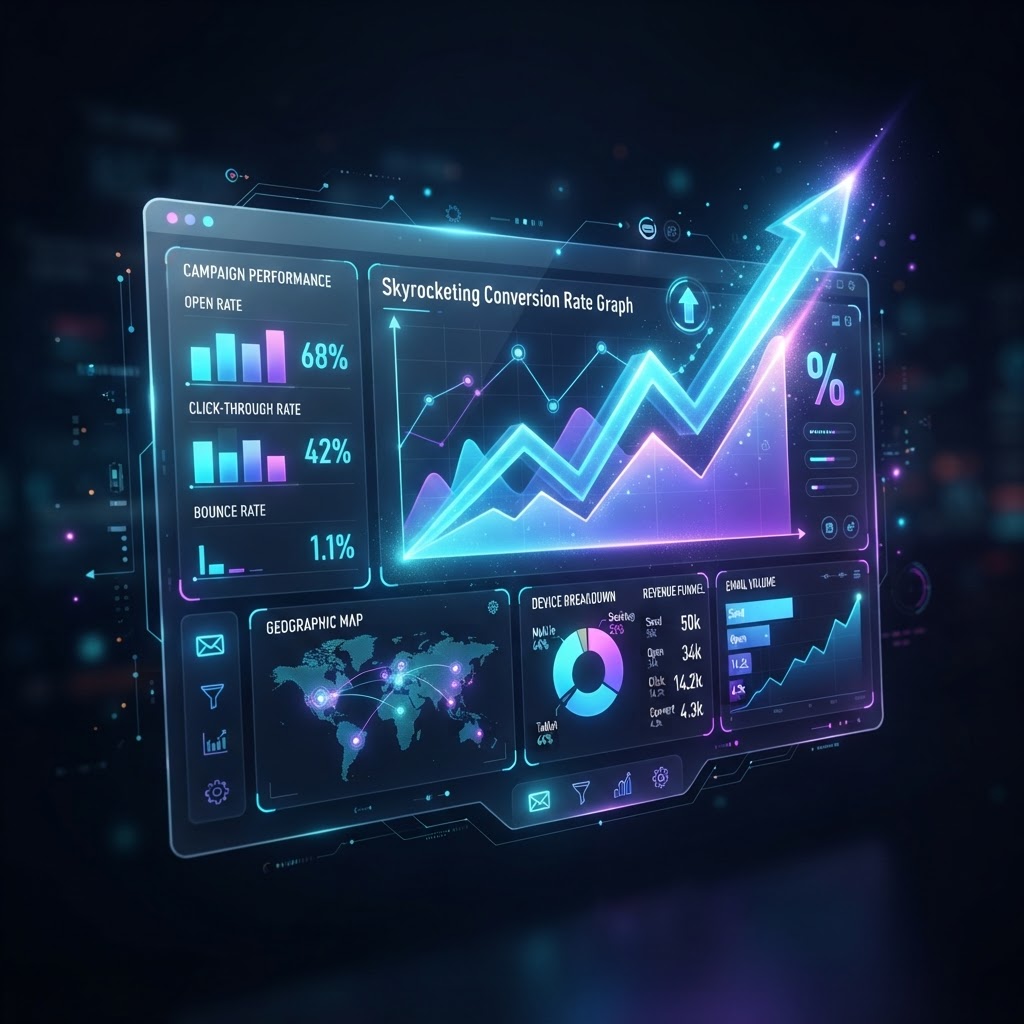 Dashboard mit stark steigenden Conversion Rates dank KI-gestütztem E-Mail-Marketing.