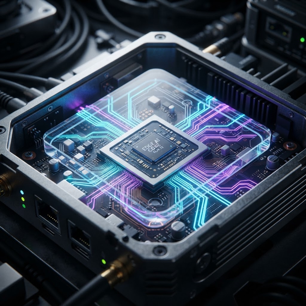 Nahaufnahme eines Edge-Computing-Chips, der lokale KI-Inferenz und Small Language Models symbolisiert.