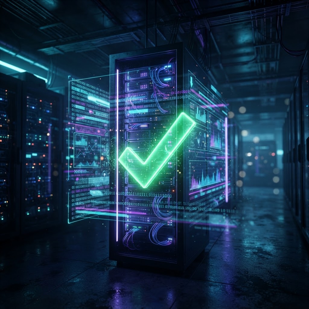 Server-Racks mit holografischen Datenströmen und einem Symbol für erfolgreiche Compliance-Prüfung.