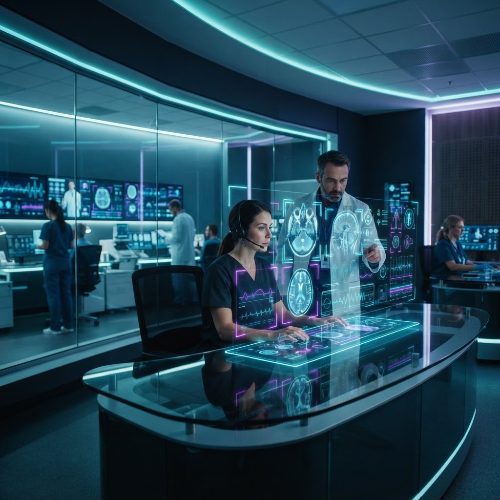 Klinischer Leitstand mit holografischen medizinischen Displays und KI-Analysen.