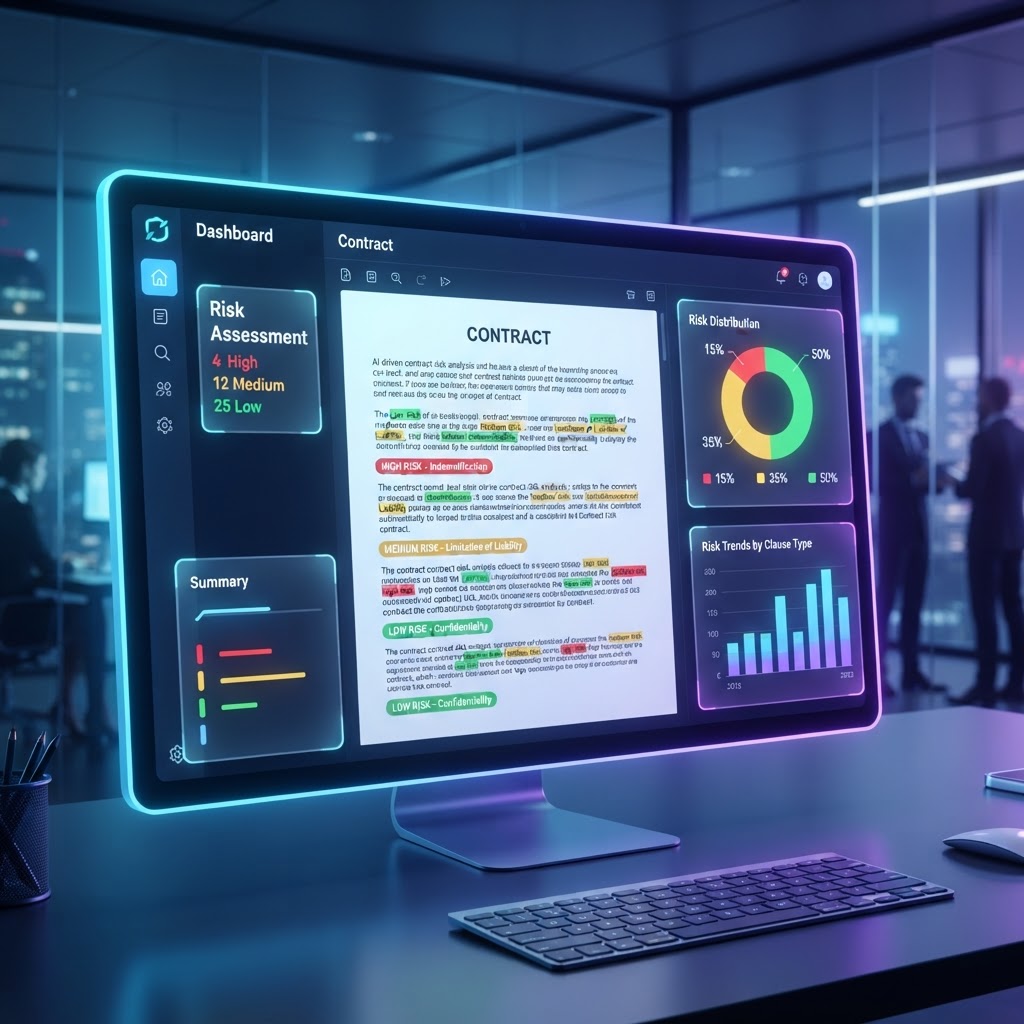 Modernes Dashboard-Interface einer KI-Software zur Risikobewertung von Vertragsklauseln