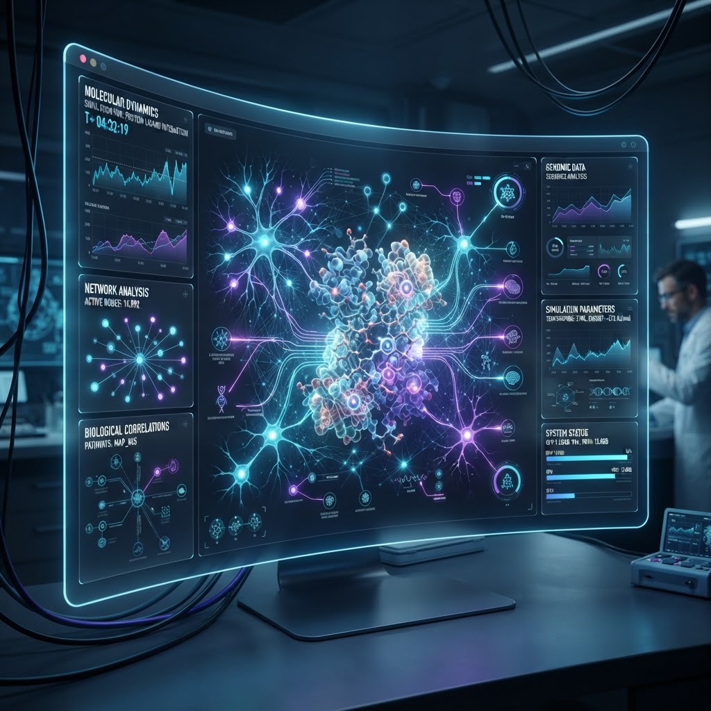 Dark-Mode-Dashboard einer modernen Biotech-Software, das komplexe neuronale Netze und molekulare Simulationen visualisiert.