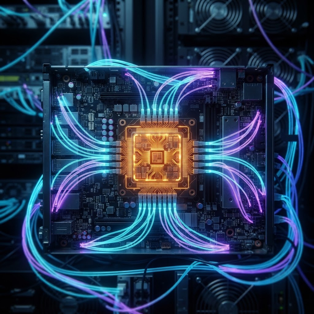 Abstrakter Mikrochip, der schnelle und sichere Datenverarbeitung in modernen KI-Backends darstellt.