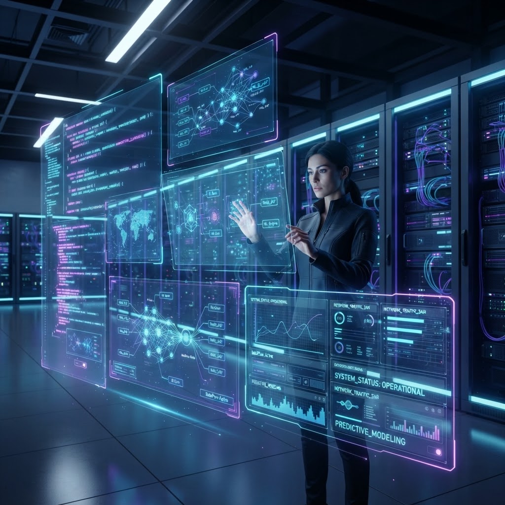Holografische Bildschirme in einem modernen Serverraum zeigen strukturierte KI-Daten und Software-Interfaces.