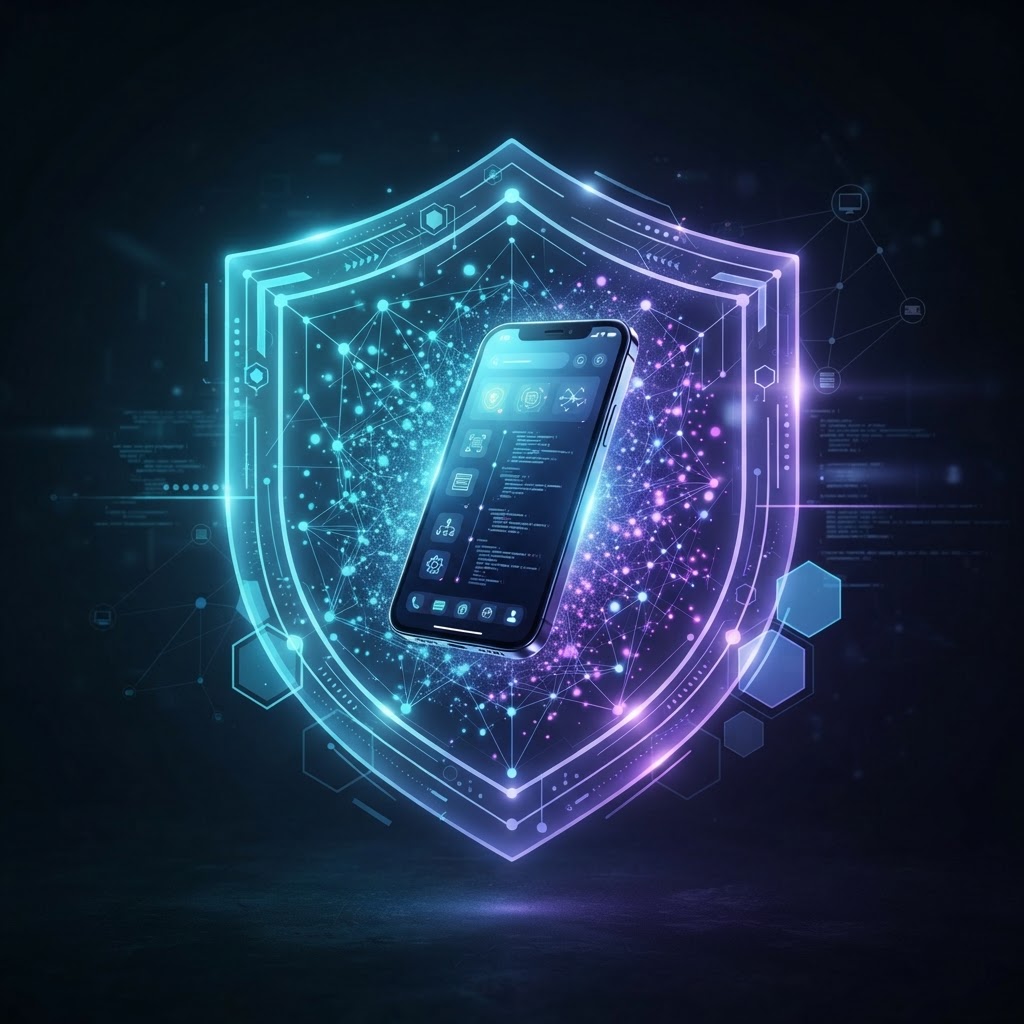 Ein leuchtendes digitales Schild um ein Smartphone symbolisiert den On-Device-Datenschutz bei lokaler KI-Verarbeitung.