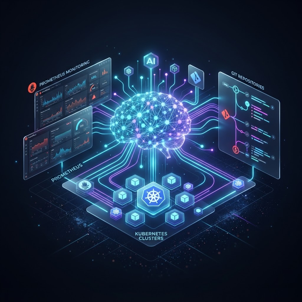 Architekturdiagramm eines autonomen DevOps KI-Agenten mit Kubernetes und Prometheus