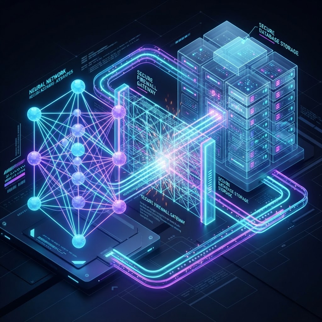 Isometrische Darstellung einer sicheren RAG-Architektur mit Vektordatenbank und aktiven Firewall-Barrieren
