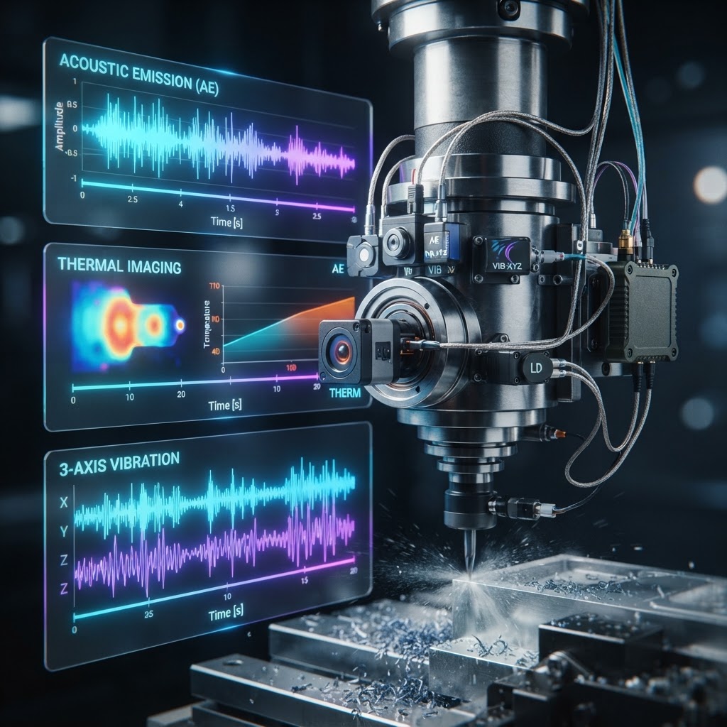 Industrielle CNC-Spindel mit überlagerten multimodalen Datenströmen für Predictive Maintenance.