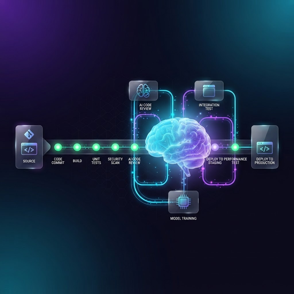 Architektur-Diagramm einer KI-gestützten CI/CD-Pipeline zur automatisierten Testgenerierung