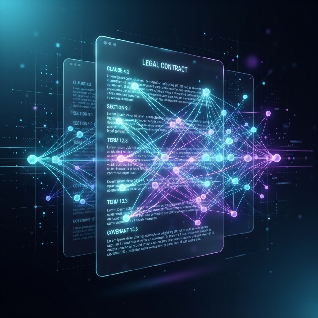 Abstrakte Visualisierung eines neuronalen Netzwerks, das einen komplexen juristischen Vertragstext analysiert