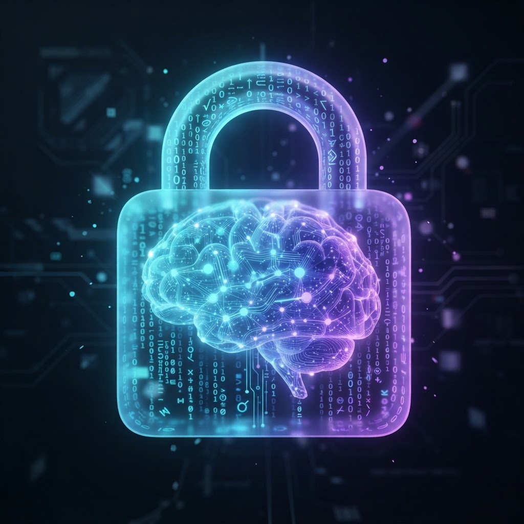 Ein aus digitalem Code geformtes Schloss schützt ein lokales neuronales Netzwerk im Browser.